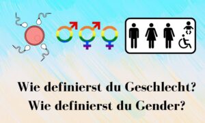 Illustration mit Spermien, die in Eizelle wollen, Symbole für Mann, Inter, Frau und Toilettensymbol Mann, Frau, Unisex, Kind, Behinderung Darunter Text: Wie definierst du Geschlecht? Wie definierst du Gender?