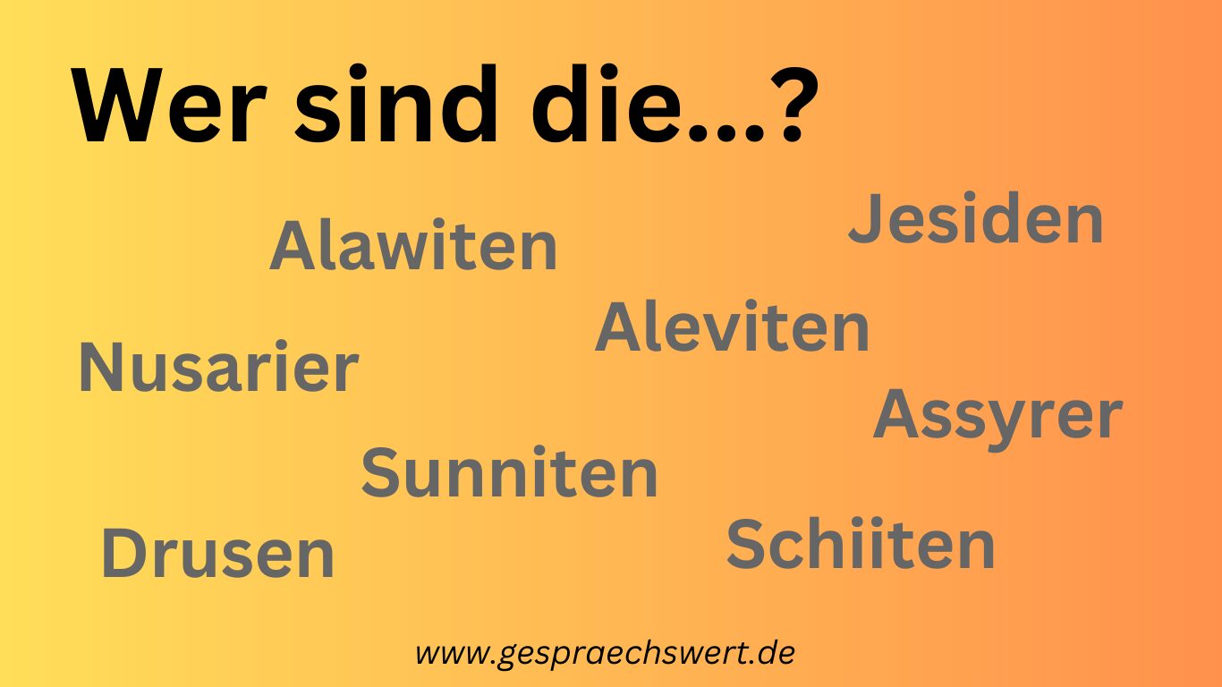 orangener Hintergrund mit Text. Wer sind die...? Alawiten, Aleviten, Jesiden, Nusarier, Assyrer, Sunniten, Schiiten, Drusen www.gespraechswert.de