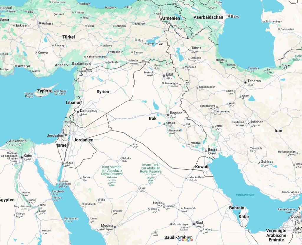 Screenshot von Google Maps, das vom Westen Ägypten, vom Norden Türkei, vom Osten Iran und vom Süden Saudi-Arabien anschneidet. Dazwischen: Isral, Libanon, Jordanien, Syirein, Irak.